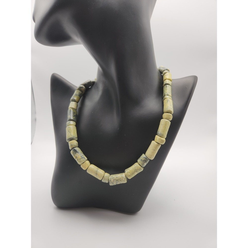 Natural Green Serpentine Stone Beaded Necklace Barrel Nugget 17 Inch Unisex‎